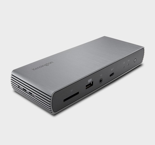 Zbliżenie na stację dokującą Kensington SD5700T Thunderbolt™ 4 Dual 4K z zasilaniem 90 W – Windows/macOS/Chrome.